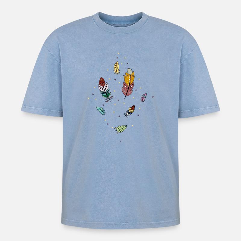 Bunte Federn - Oversized Unisex Premium Acid-Washed T-Shirt - Blau Acid Wash