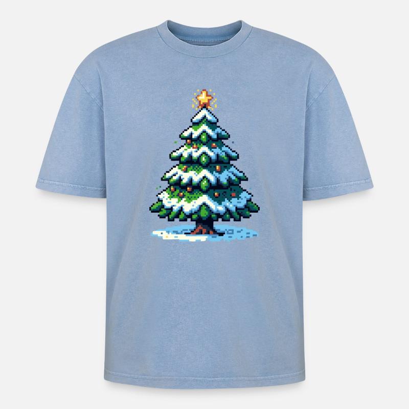 Pixel Weihnachtsbaum - Oversized Unisex Premium Acid-Washed T-Shirt - Blau Acid Wash