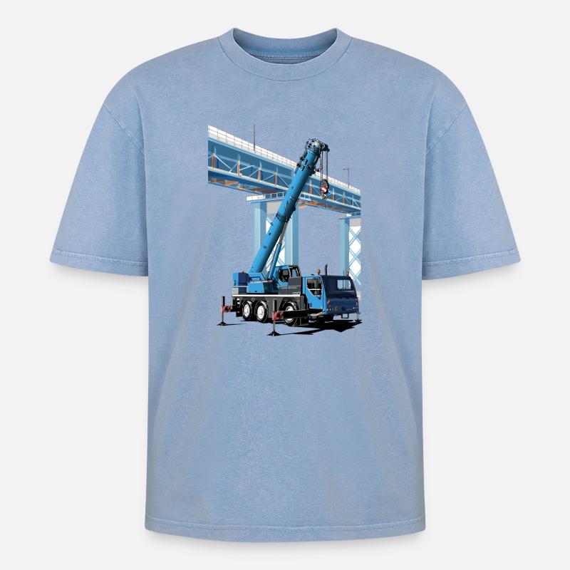 Mobile crane assembles bridge sections - Oversized Unisex Premium Acid-Washed T-Shirt - acid washed blue