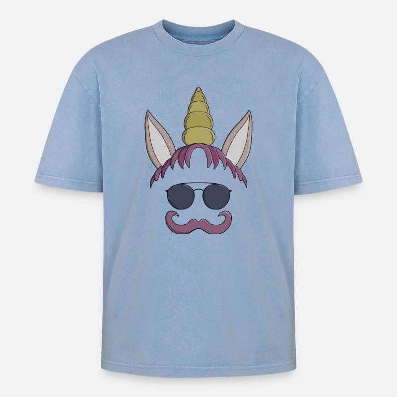 Einhorn-Schnurrbart - Oversized Unisex Premium Acid-Washed T-Shirt - Blau Acid Wash