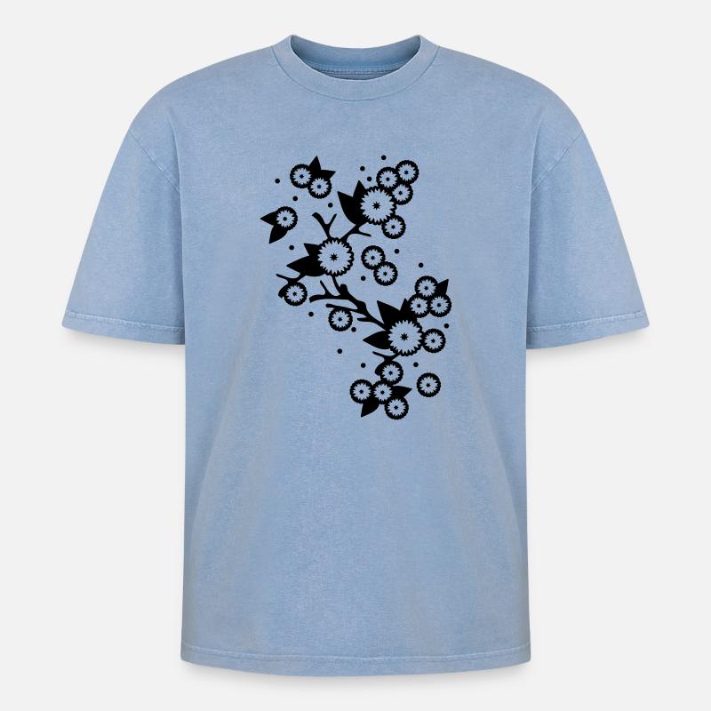 stilisierter Blüten Ast - Oversized Unisex Premium Acid-Washed T-Shirt - Blau Acid Wash