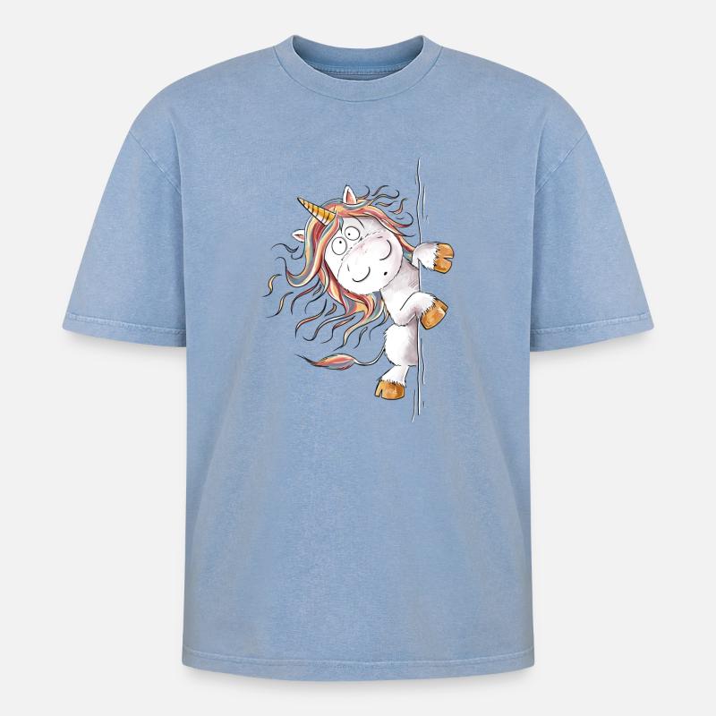 Drolliges Regenbogen Einhorn Fantasy - Oversized Unisex Premium Acid-Washed T-Shirt - Blau Acid Wash