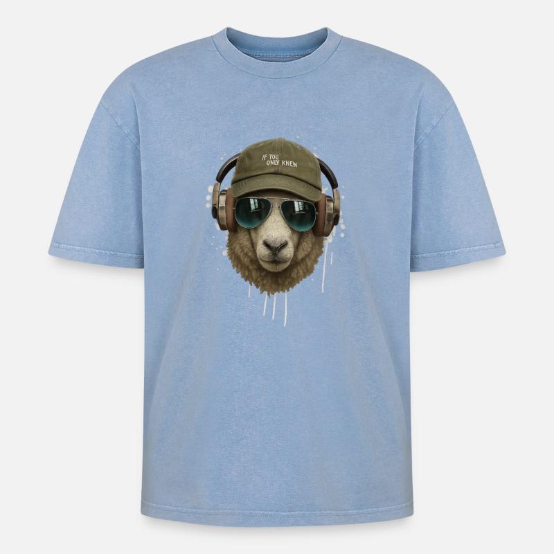 Schaf mit Kopfhörer Retro Stil - Oversized Unisex Premium Acid-Washed T-Shirt - Blau Acid Wash