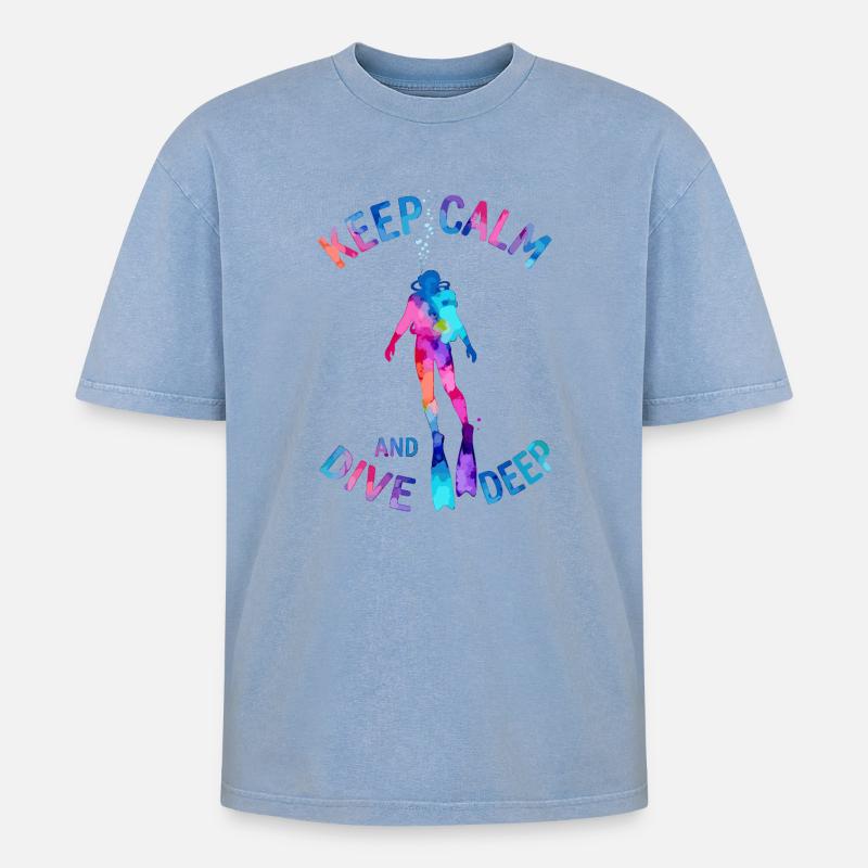 Keep Calm Dive Deep Bunter Taucher - Oversized Unisex Premium Acid-Washed T-Shirt - Blau Acid Wash