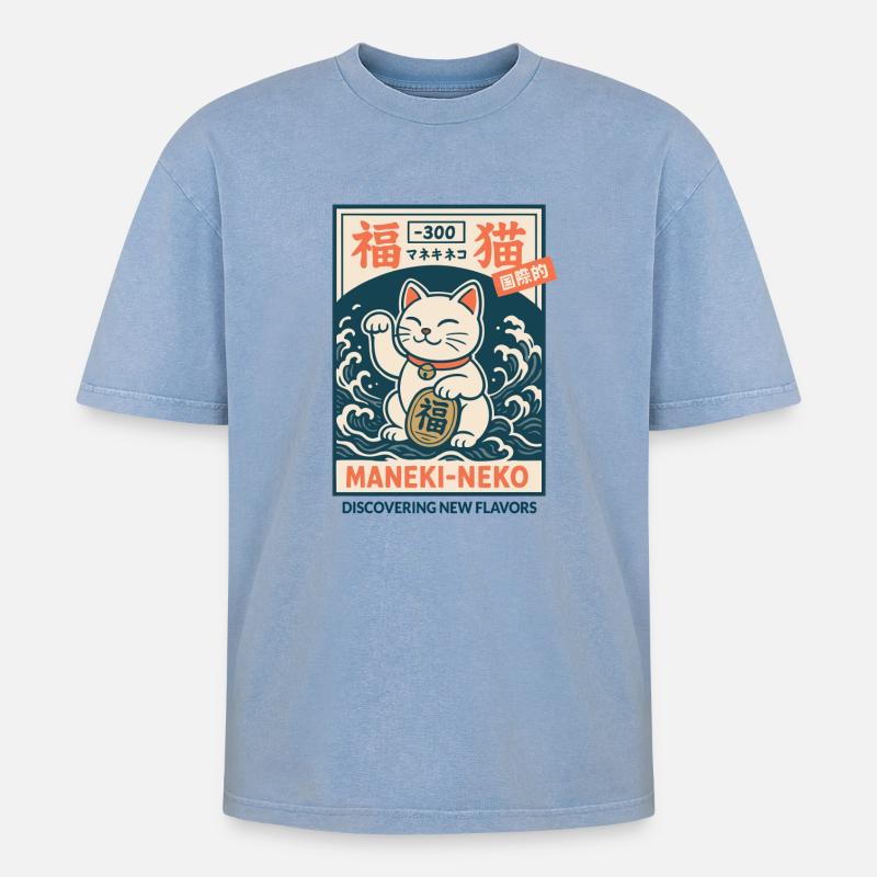 Maneki-neko - Oversized Unisex Premium Acid-Washed T-Shirt - Blau Acid Wash