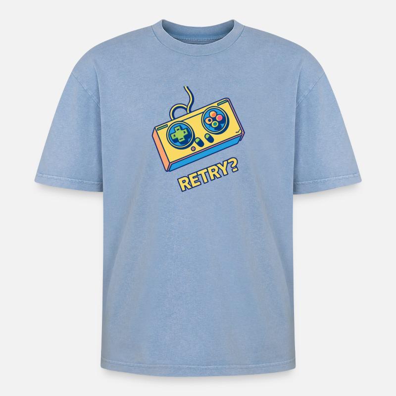 Retro-Controller-Wiederholung - Oversized Unisex Premium Acid-Washed T-Shirt - Blau Acid Wash