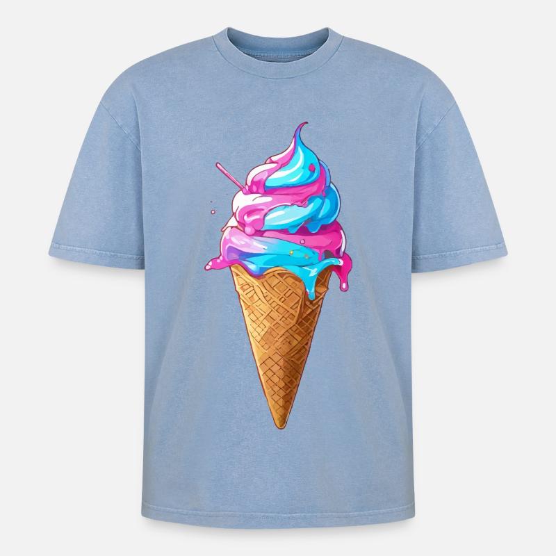 Lecker Eiscreme | Synthwave Eistüte - Oversized Unisex Premium Acid-Washed T-Shirt - Blau Acid Wash