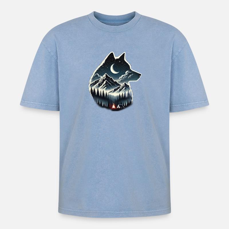 Wolf - Oversized Unisex Premium Acid-Washed T-Shirt - Blau Acid Wash