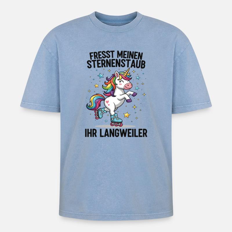 Rollschuh Einhorn - Oversized Unisex Premium Acid-Washed T-Shirt - Blau Acid Wash