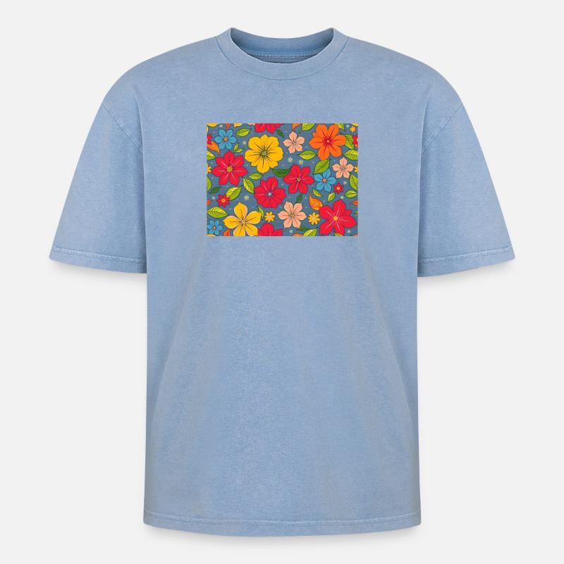 Blumenmuster im Boho-Design - Oversized Unisex Premium Acid-Washed T-Shirt - Blau Acid Wash