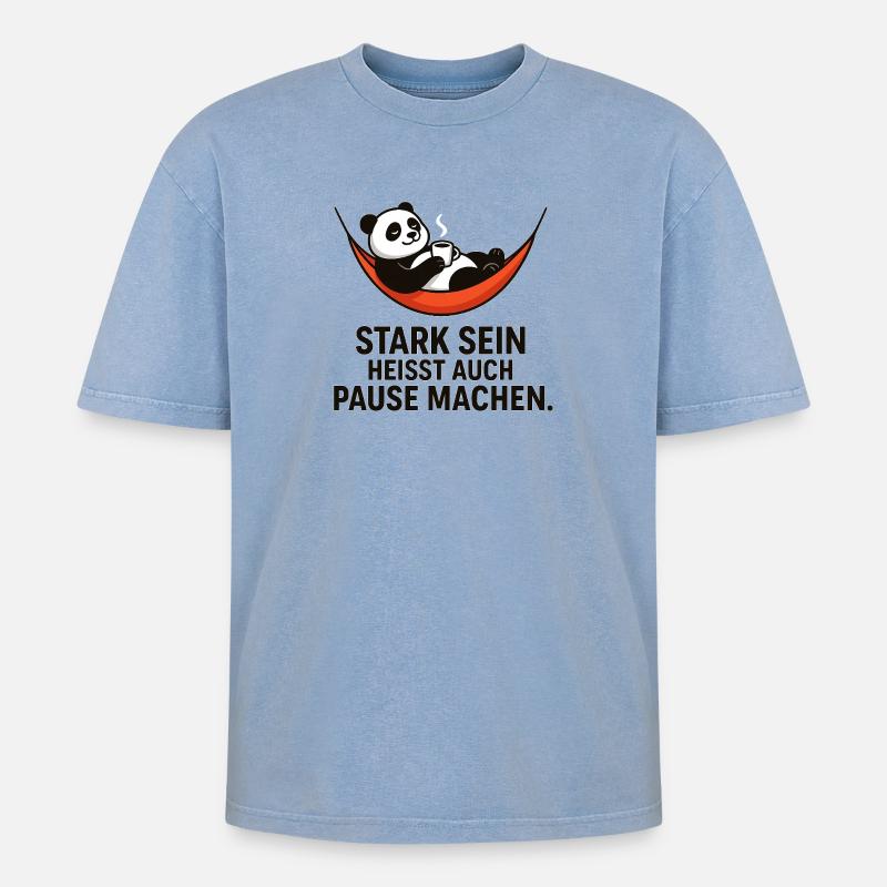 Panda Pause Kraft Spruch - Oversized Unisex Premium Acid-Washed T-Shirt - Blau Acid Wash