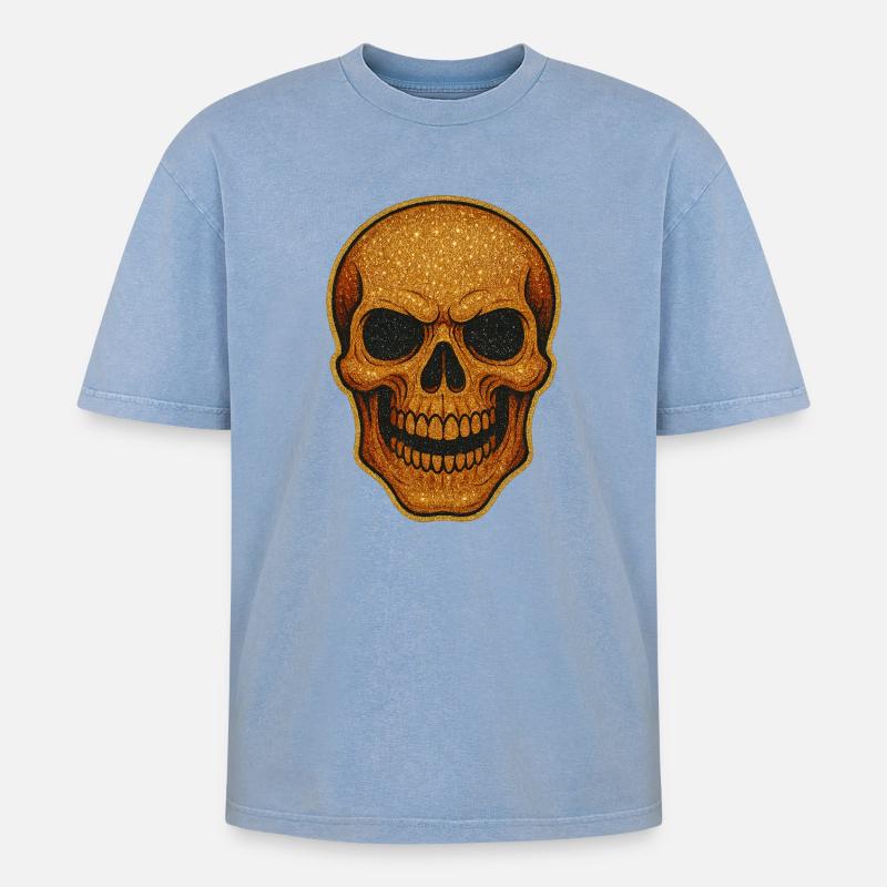 Glitzernder Goldschädel Schädel-Design - Oversized Unisex Premium Acid-Washed T-Shirt - Blau Acid Wash