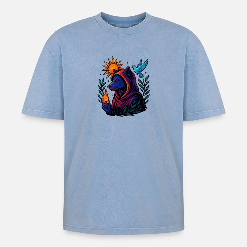 Flamme des Geistes – Kosmische Wolfskunst - Oversized Unisex Premium Acid-Washed T-Shirt - Blau Acid Wash