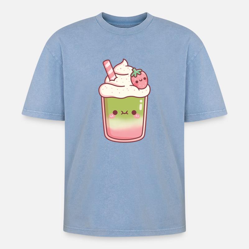 Süßer Eiskaffer Matcha Erdbeer-Latte - Oversized Unisex Premium Acid-Washed T-Shirt - Blau Acid Wash