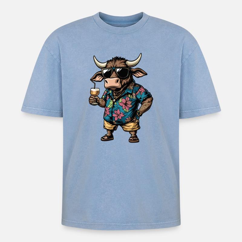 Stier Comic Sommer - Oversized Unisex Premium Acid-Washed T-Shirt - Blau Acid Wash