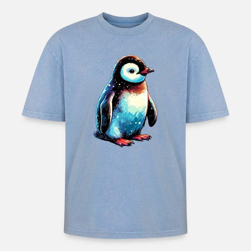 Pinguin - Oversized Unisex Premium Acid-Washed T-Shirt - Blau Acid Wash