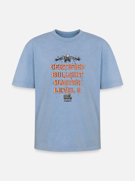 Certified Bullshit Master Level 3 - Oversized Unisex Premium Acid-Washed T-Shirt - acid washed blue
