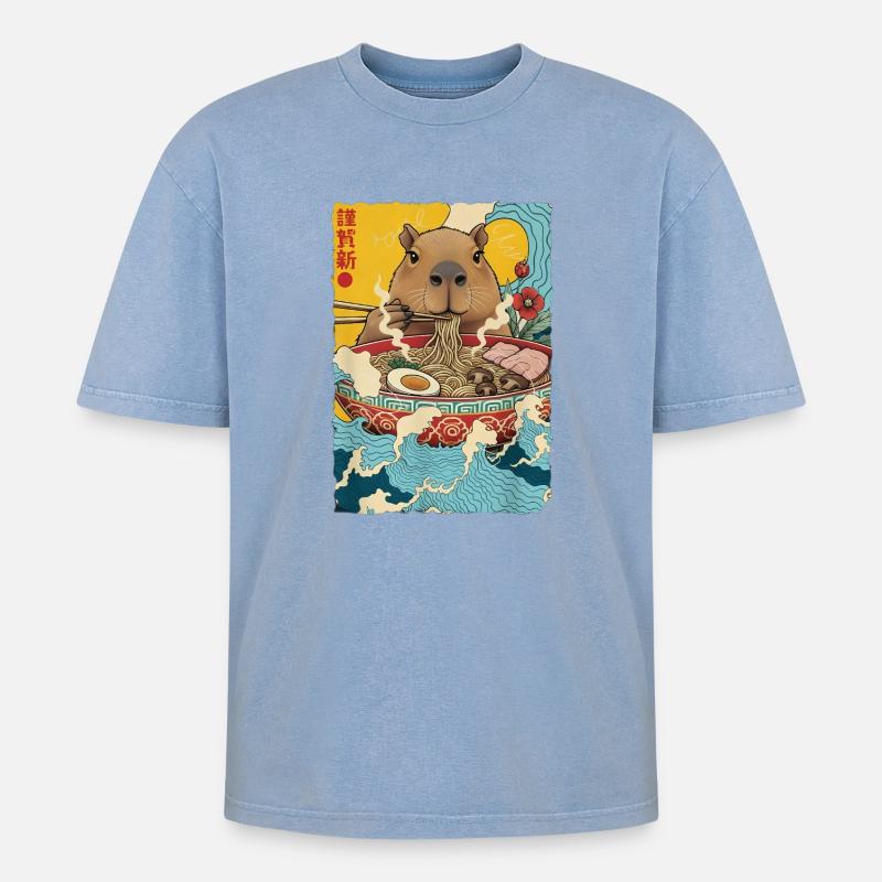 Capybara isst Ramen Nudeln - Oversized Unisex Premium Acid-Washed T-Shirt - Blau Acid Wash