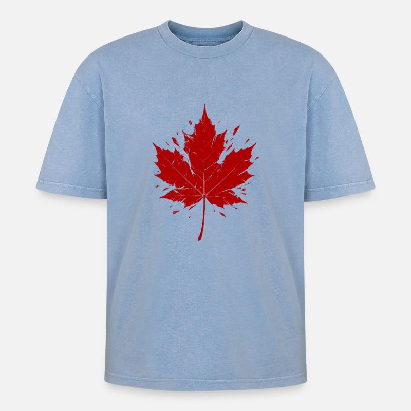 Red Maple Leaf Fragmented - Oversized Unisex Premium Acid-Washed T-Shirt - acid washed blue