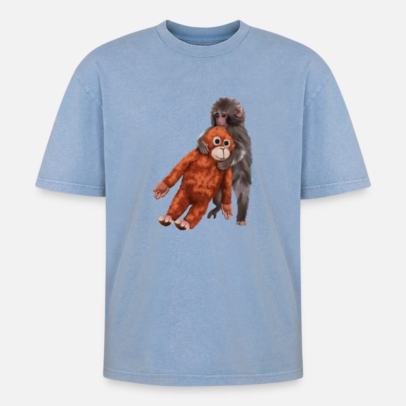 Punch Punch-Kun - Äffchen - Oversized Unisex Premium Acid-Washed T-Shirt - Blau Acid Wash