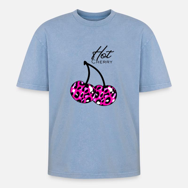 Pink leopard pattern cherry - Oversized Unisex Premium Acid-Washed T-Shirt - acid washed blue