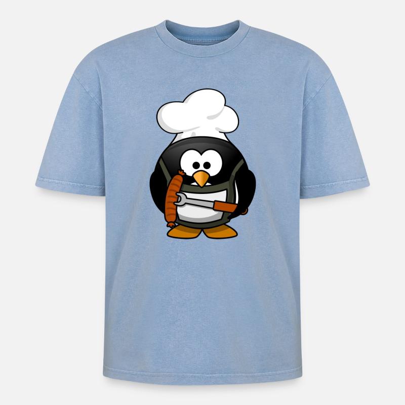 Kochpinguin mit Grillwurst - Oversized Unisex Premium Acid-Washed T-Shirt - Blau Acid Wash