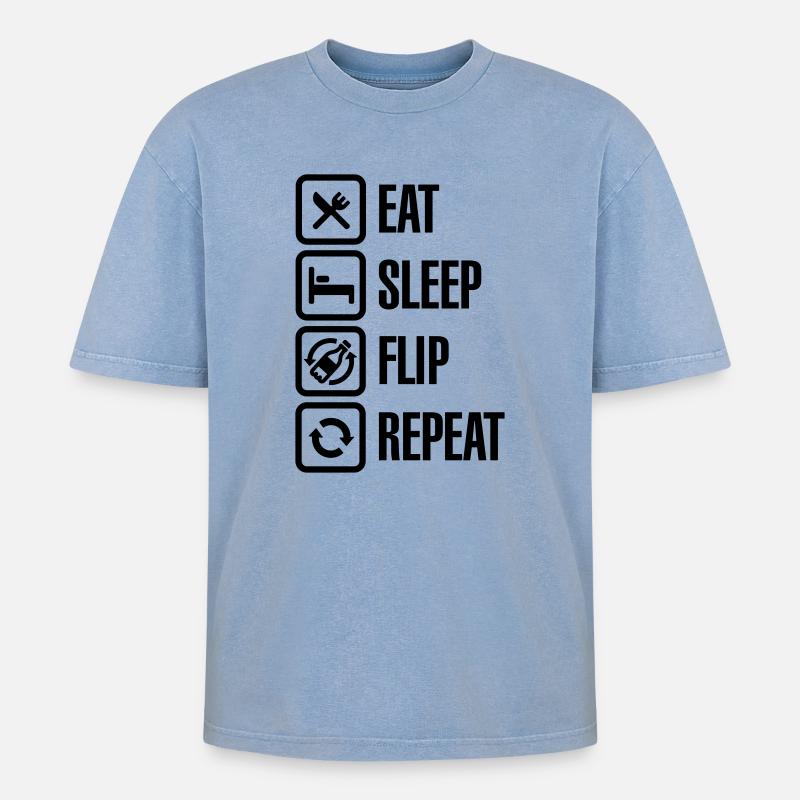 Eat - Sleep - Bottle Flip - Repeat - T-shirt Premium unisexe oversize acid-washed - bleu délavé acide