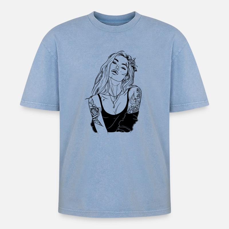 Tattoo Mädchen Design - Oversized Unisex Premium Acid-Washed T-Shirt - Blau Acid Wash