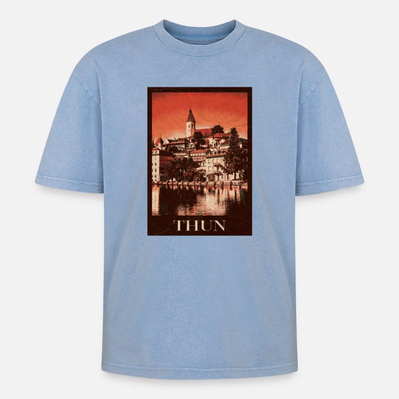 Thun Skyline - Oversized Unisex Premium Acid-Washed T-Shirt - Blau Acid Wash