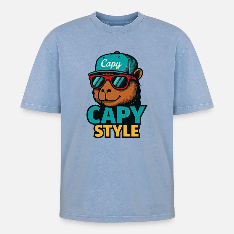 Capy Style Cap Graphic - Oversized Unisex Premium Acid-Washed T-Shirt - Blau Acid Wash