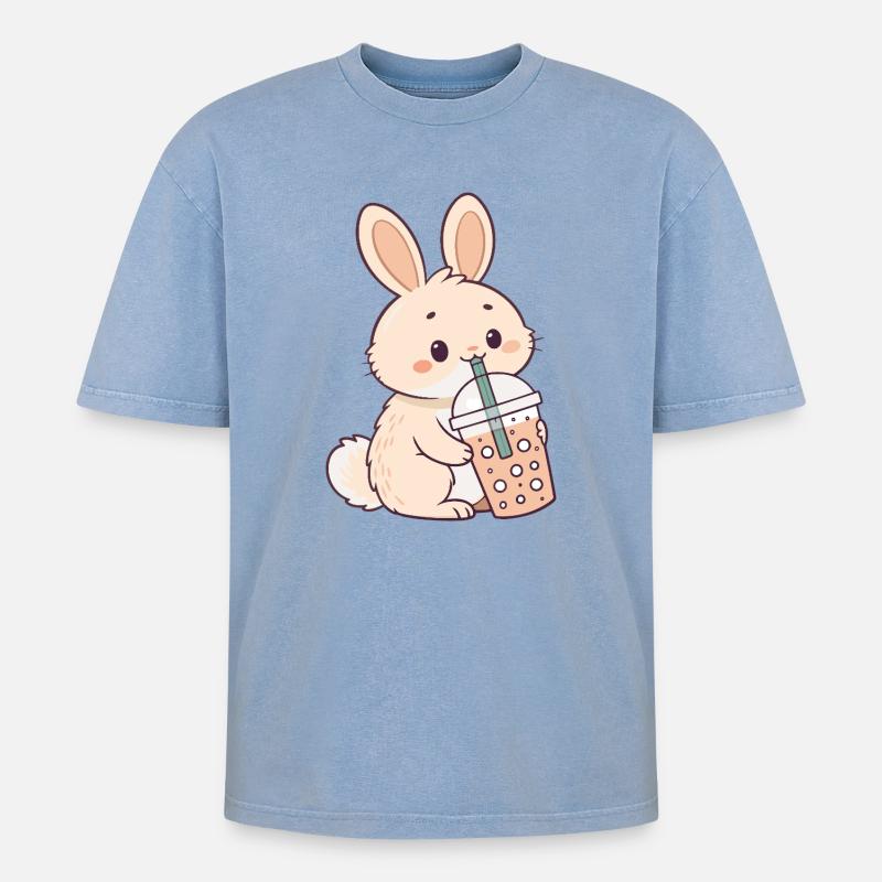 Rabbit Bubble Tea Süßigkeit - Oversized Unisex Premium Acid-Washed T-Shirt - Blau Acid Wash