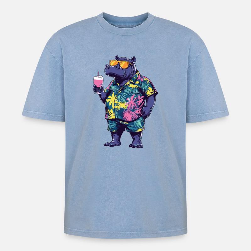 Nilpferd Comic Sommer - Oversized Unisex Premium Acid-Washed T-Shirt - Blau Acid Wash