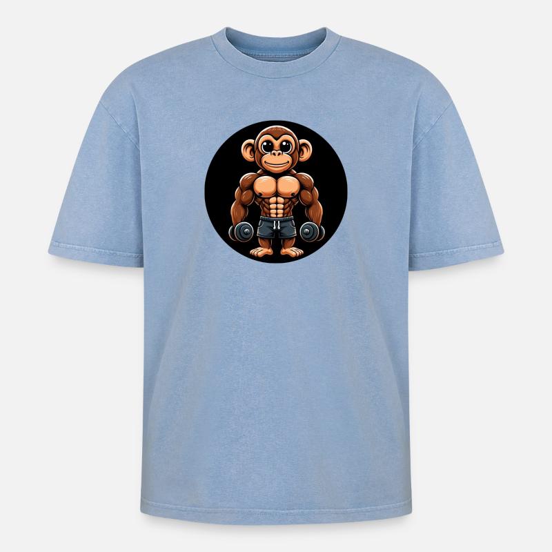 Monkey Chimpanzee Bodybuilder Training - Oversized Unisex Premium Acid-Washed T-Shirt - acid washed blue