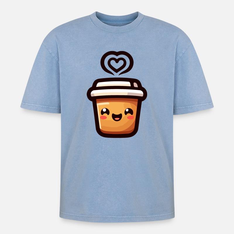 Caffeine Cutie: The Joyful Java - Oversized Unisex Premium Acid-Washed T-Shirt - acid washed blue