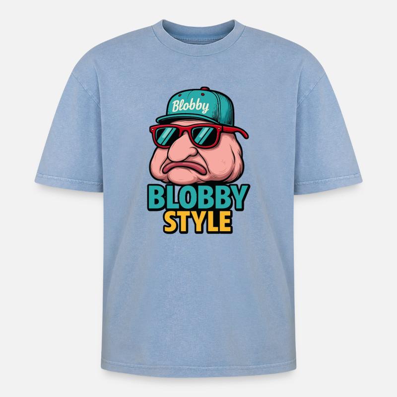Blobby Style Cartoon Tee - Oversized Unisex Premium Acid-Washed T-Shirt - acid washed blue