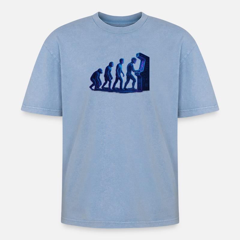 Arcade Menschliche Evolution - Oversized Unisex Premium Acid-Washed T-Shirt - Blau Acid Wash