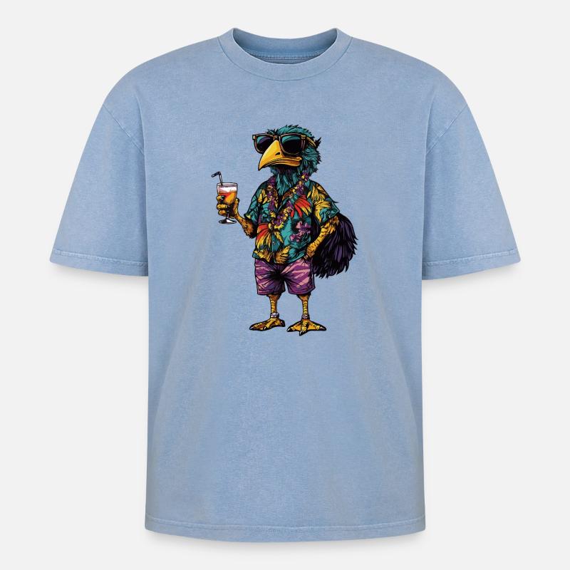 Ostrich Comic Summer - Oversized Unisex Premium Acid-Washed T-Shirt - acid washed blue