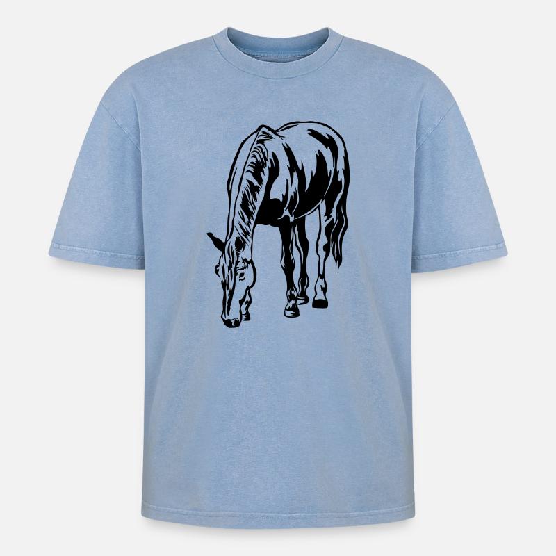 Grasendes Pferd - Oversized Unisex Premium Acid-Washed T-Shirt - Blau Acid Wash