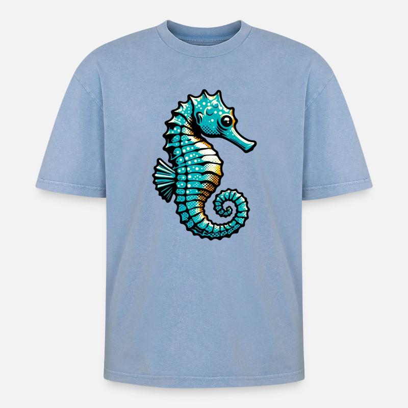 Seepferdchen - Oversized Unisex Premium Acid-Washed T-Shirt - Blau Acid Wash