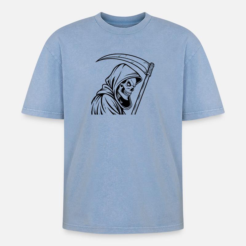 Reaper Design Sensenmann mit Sense - Oversized Unisex Premium Acid-Washed T-Shirt - Blau Acid Wash
