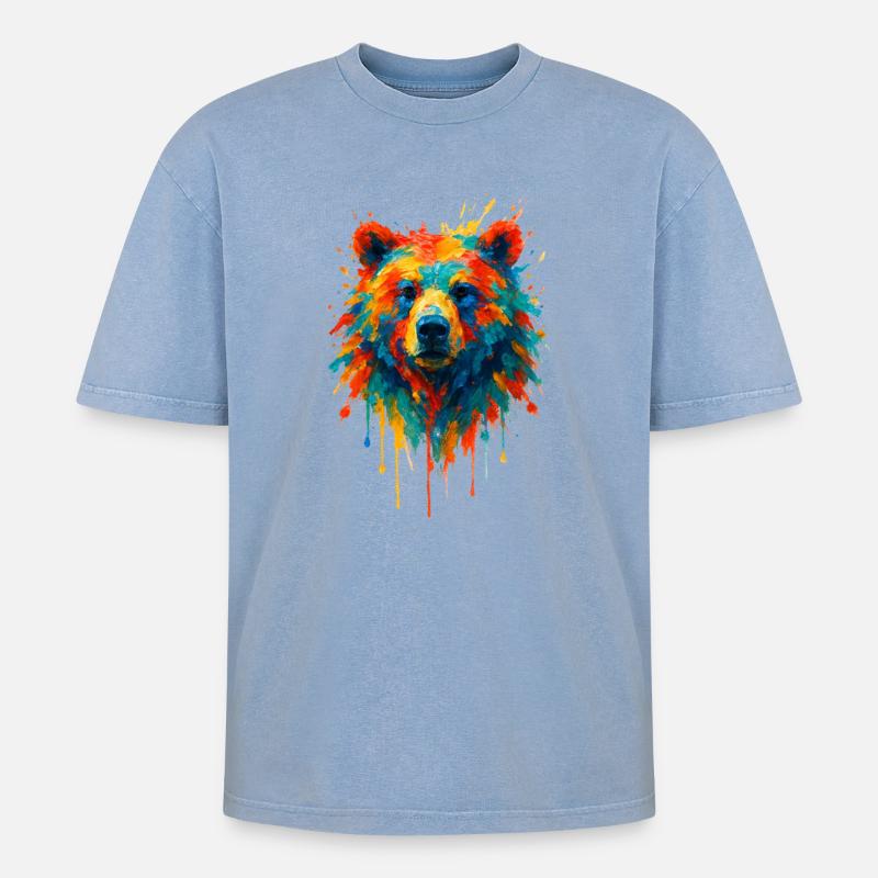 Bär im Splatter-Dynamik-Gemälde - Oversized Unisex Premium Acid-Washed T-Shirt - Blau Acid Wash