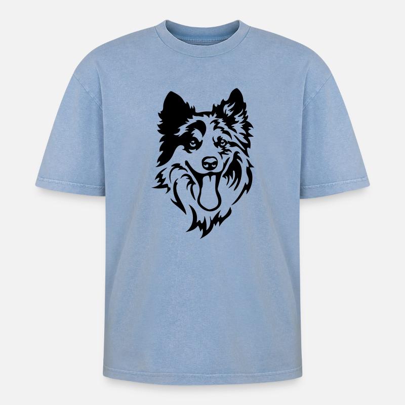 Border Collie Kopf - Oversized Unisex Premium Acid-Washed T-Shirt - Blau Acid Wash