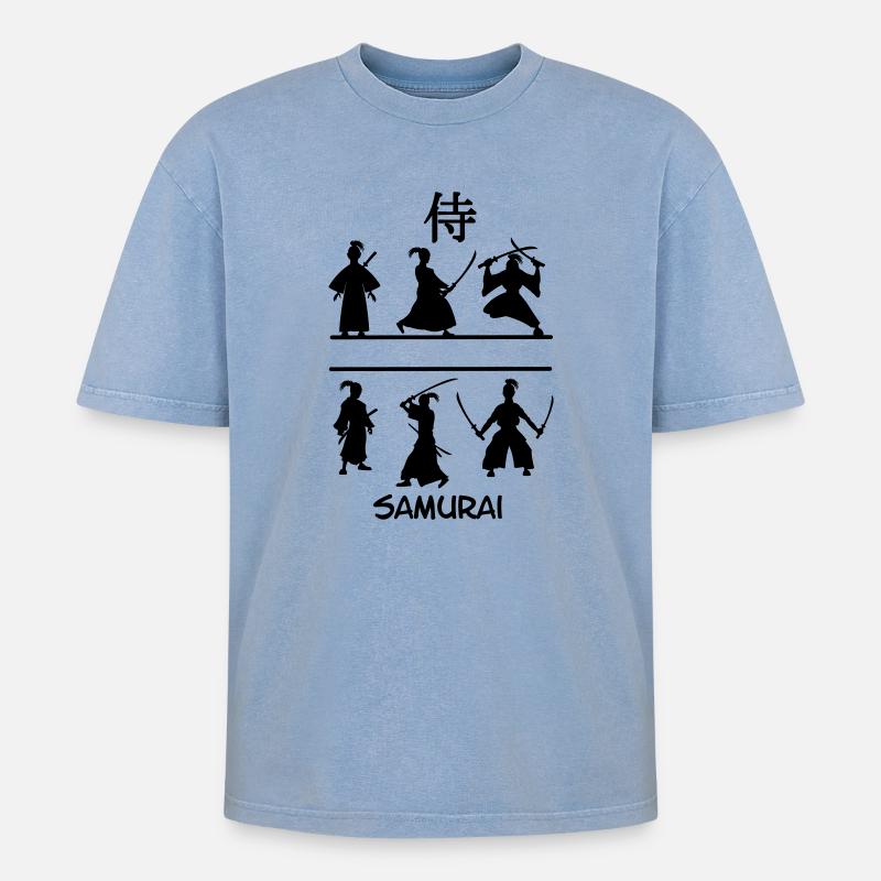 Samurai mit Schwertern - Oversized Unisex Premium Acid-Washed T-Shirt - Blau Acid Wash