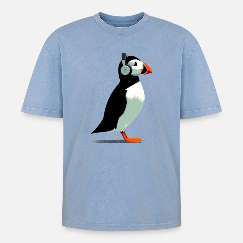 Papageitaucher mit Kopfhörern - Oversized Unisex Premium Acid-Washed T-Shirt - Blau Acid Wash