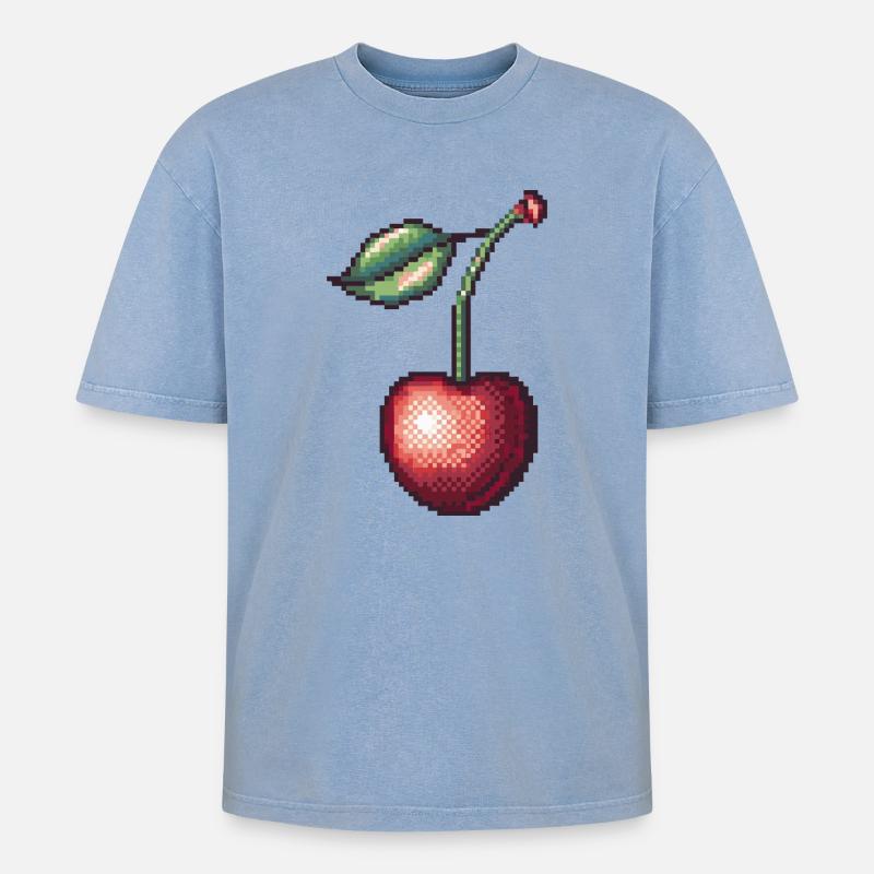 Retro Pixel Kirsche - Oversized Unisex Premium Acid-Washed T-Shirt - Blau Acid Wash