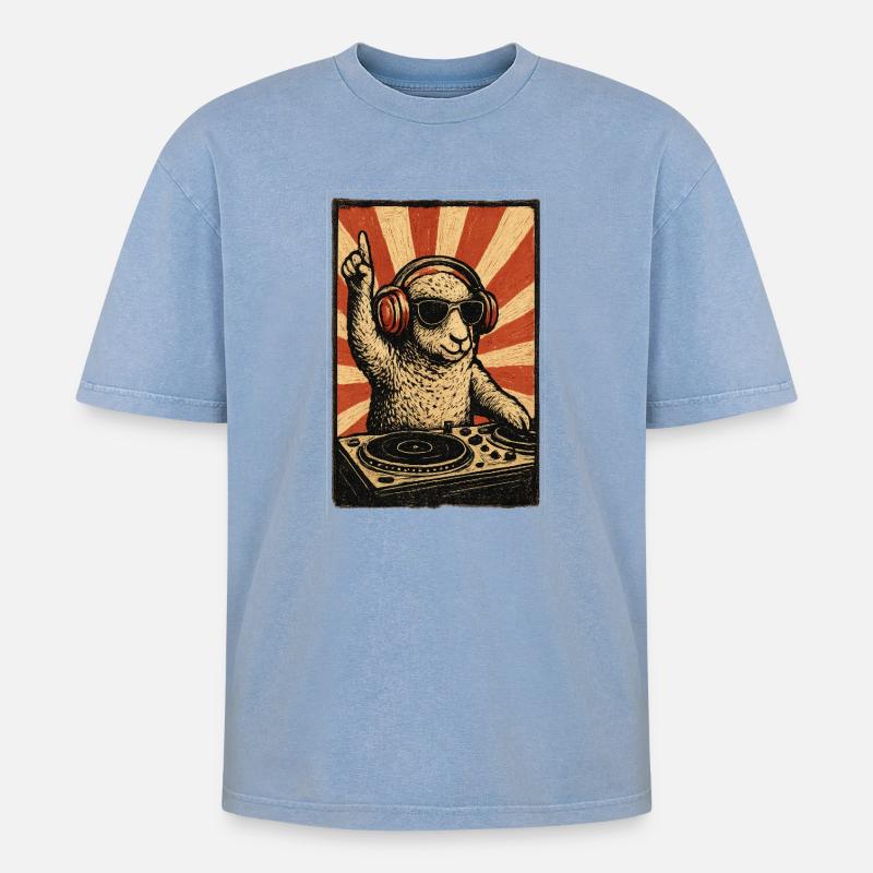 DJ Sheep mit Kopfhörern - Oversized Unisex Premium Acid-Washed T-Shirt - Blau Acid Wash