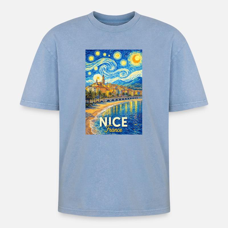 Nice, Frankreich - Oversized Unisex Premium Acid-Washed T-Shirt - Blau Acid Wash