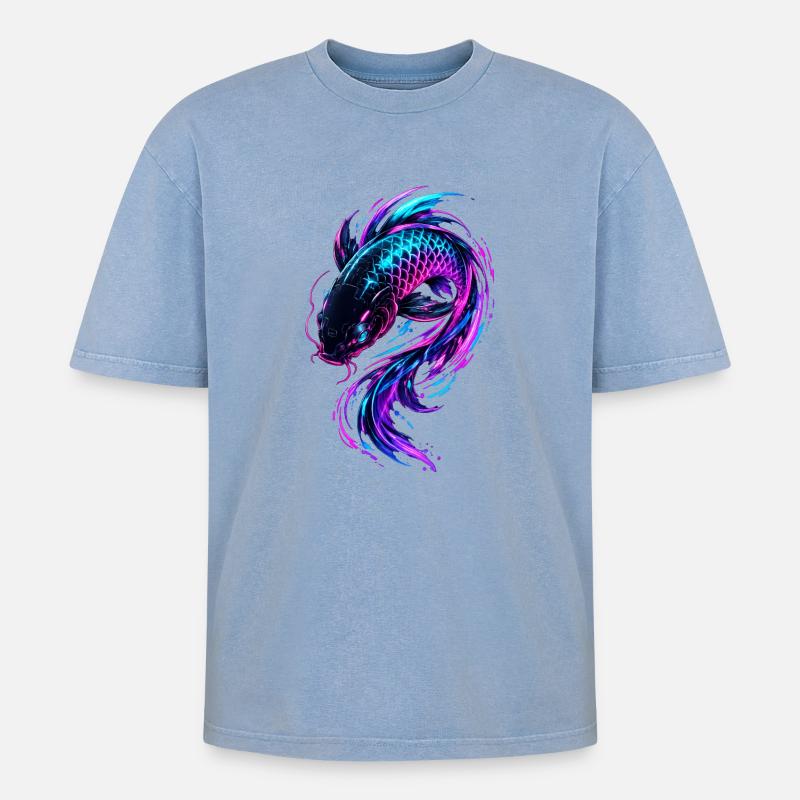 Neon Koi Flow - Oversized Unisex Premium Acid-Washed T-Shirt - Blau Acid Wash