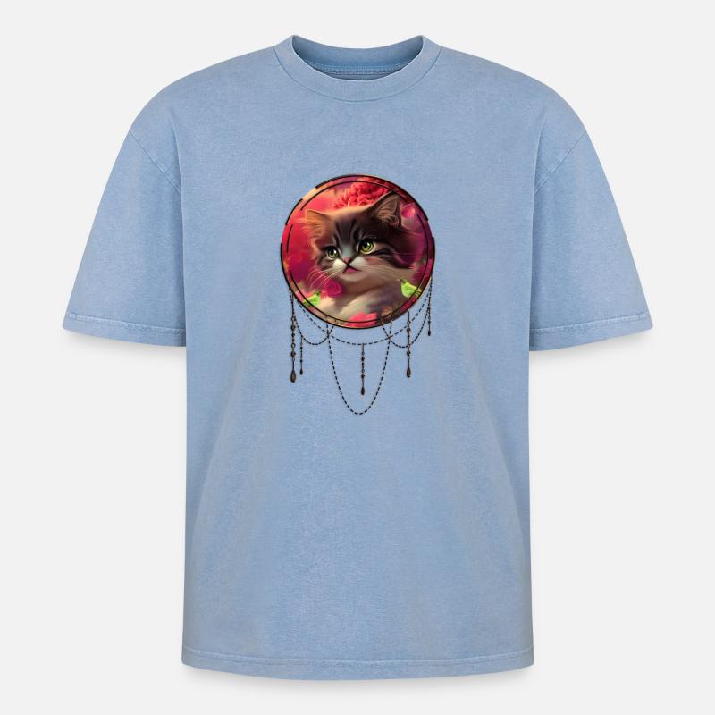Süßes Kätzchen mit Vögeln - Oversized Unisex Premium Acid-Washed T-Shirt - Blau Acid Wash
