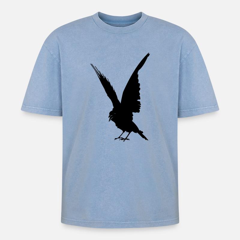 Schwarze Vogelkrähe oder Rabenschattenfigur - Oversized Unisex Premium Acid-Washed T-Shirt - Blau Acid Wash